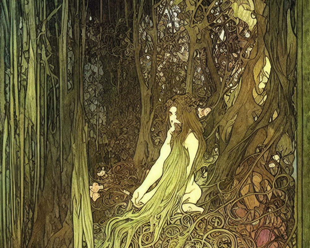 Art Nouveau Style Illustration of Woman in Whimsical Forest