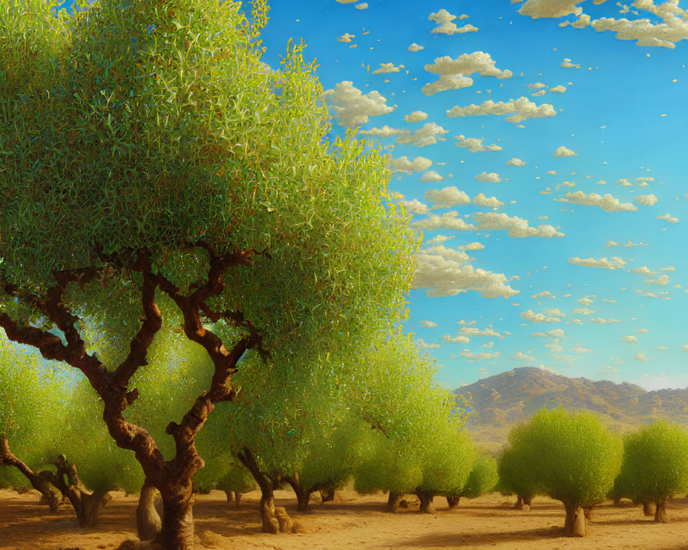 Lush Green Orchard Under Blue Sky and Mountains