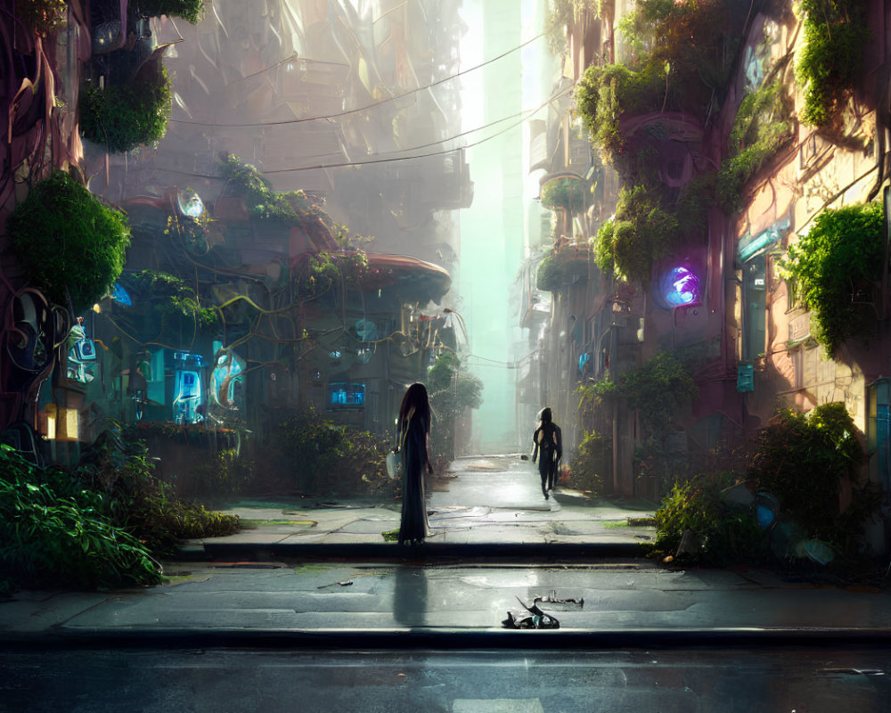 Silhouetted figures in futuristic overgrown city street with neon signs