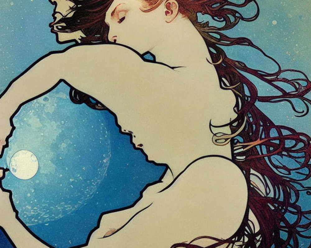 Art Nouveau Female Figure Illustration in Moonlit Night Sky