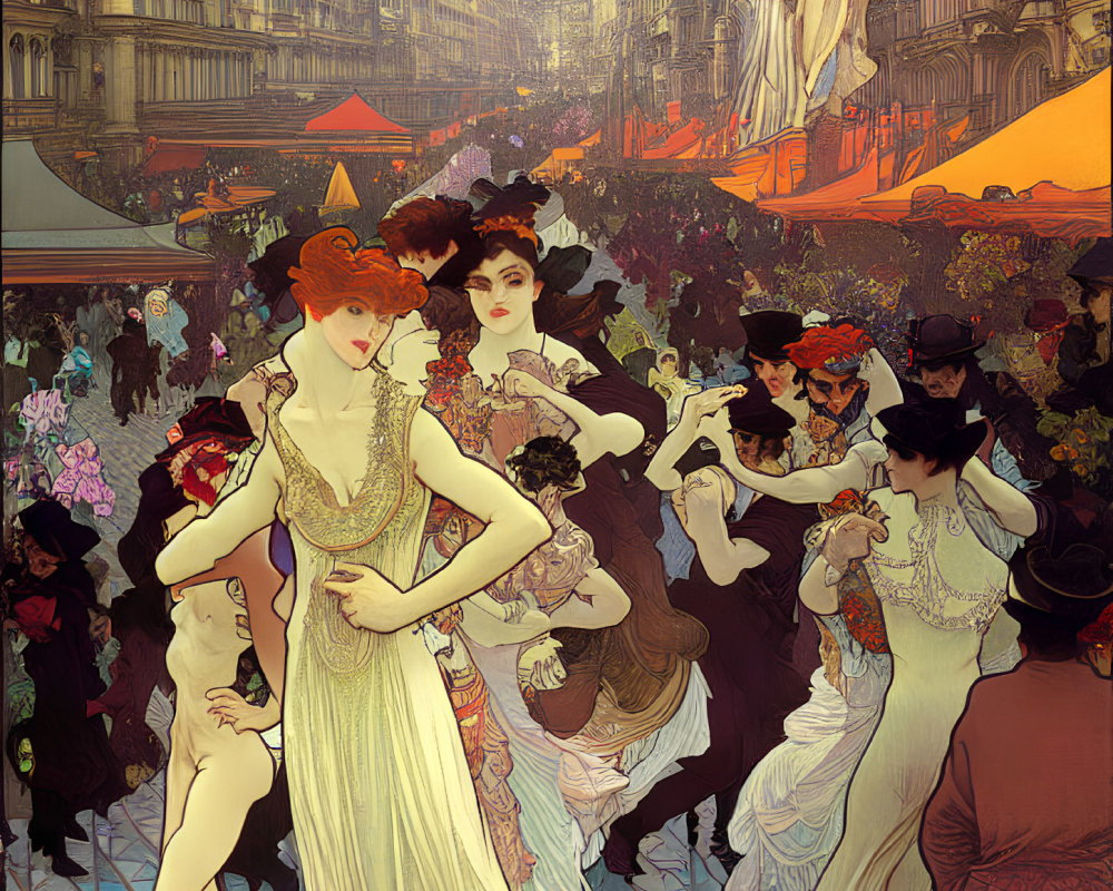 Art Nouveau illustration of elegant women in flowing gowns amidst a bustling city scene