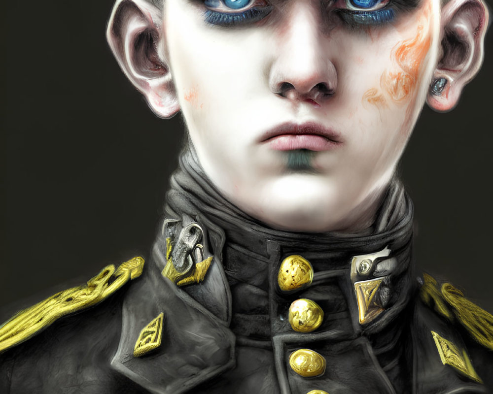 Digital Artwork of Person in Military Uniform with Medals and Blue Eyes