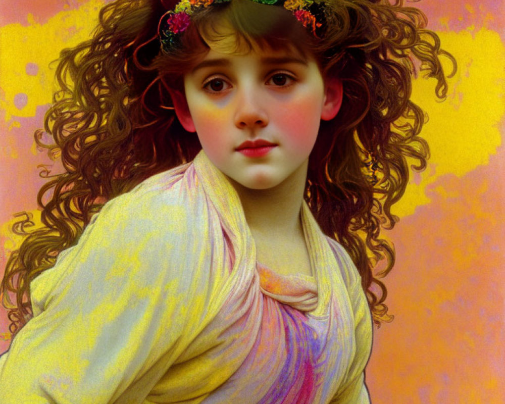 Young girl with curly hair in floral wreath against pastel backdrop