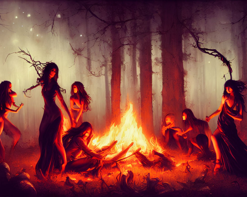 Ethereal women dancing around fiery bonfire in mystical forest