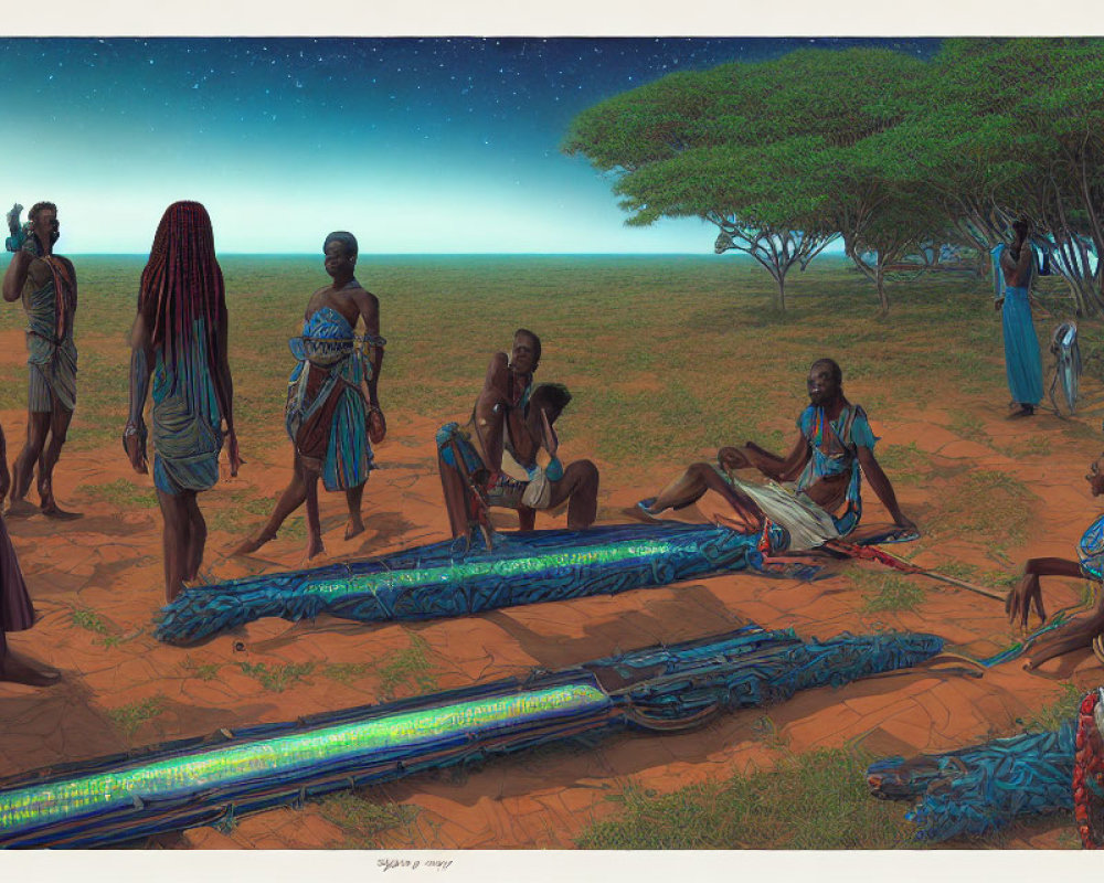 Digital painting of people in traditional clothing in grassland with acacia trees