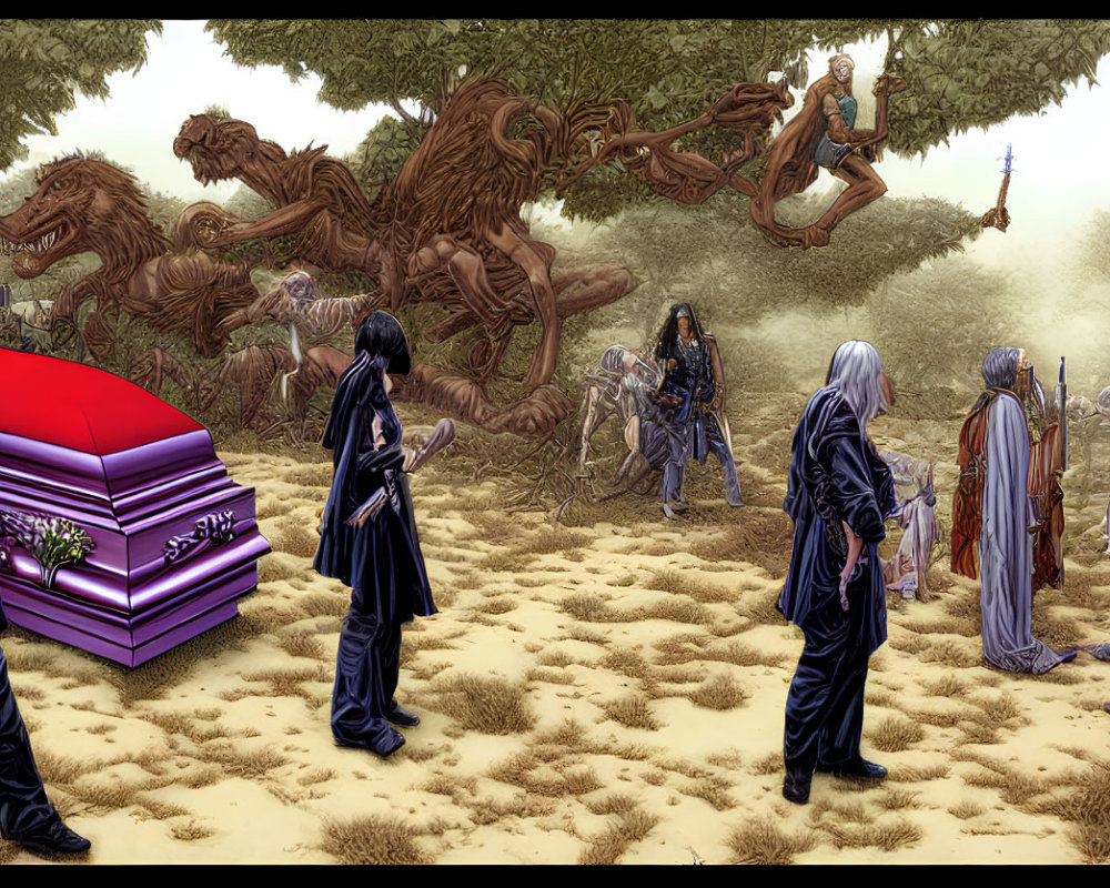 Fantasy artwork: Cloaked figures with unique weapons around red casket in desolate landscape