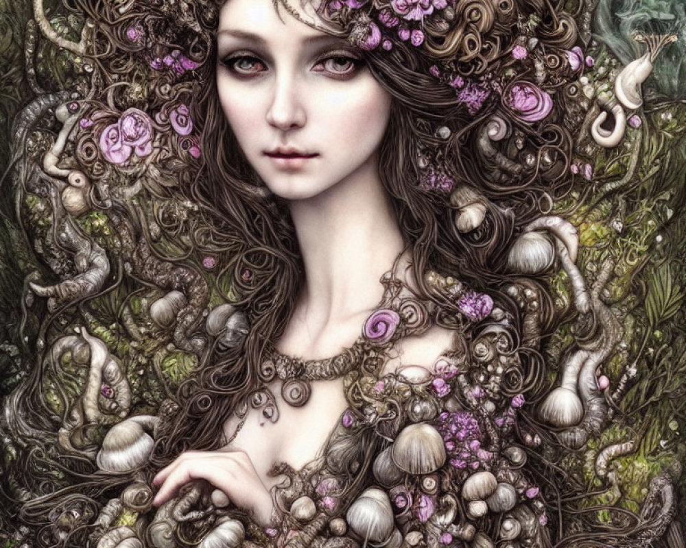 Fantasy illustration: Woman with flowing hair, vines, flowers, snails in nature backdrop