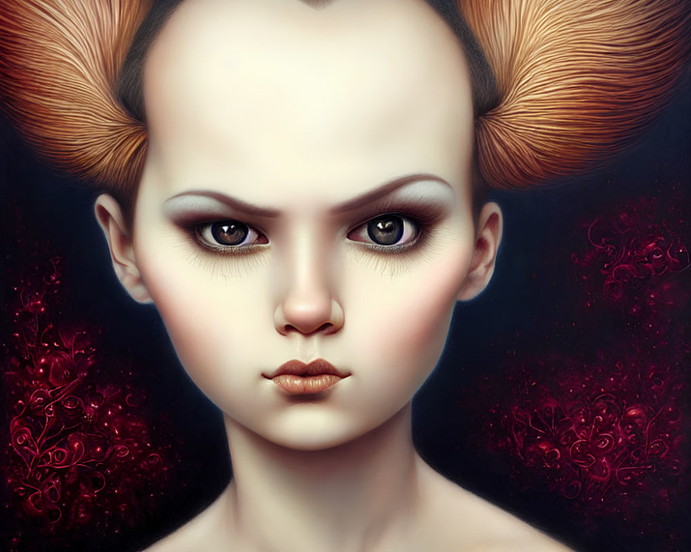 Surreal portrait of person with Mickey Mouse-like hair and intense eyes