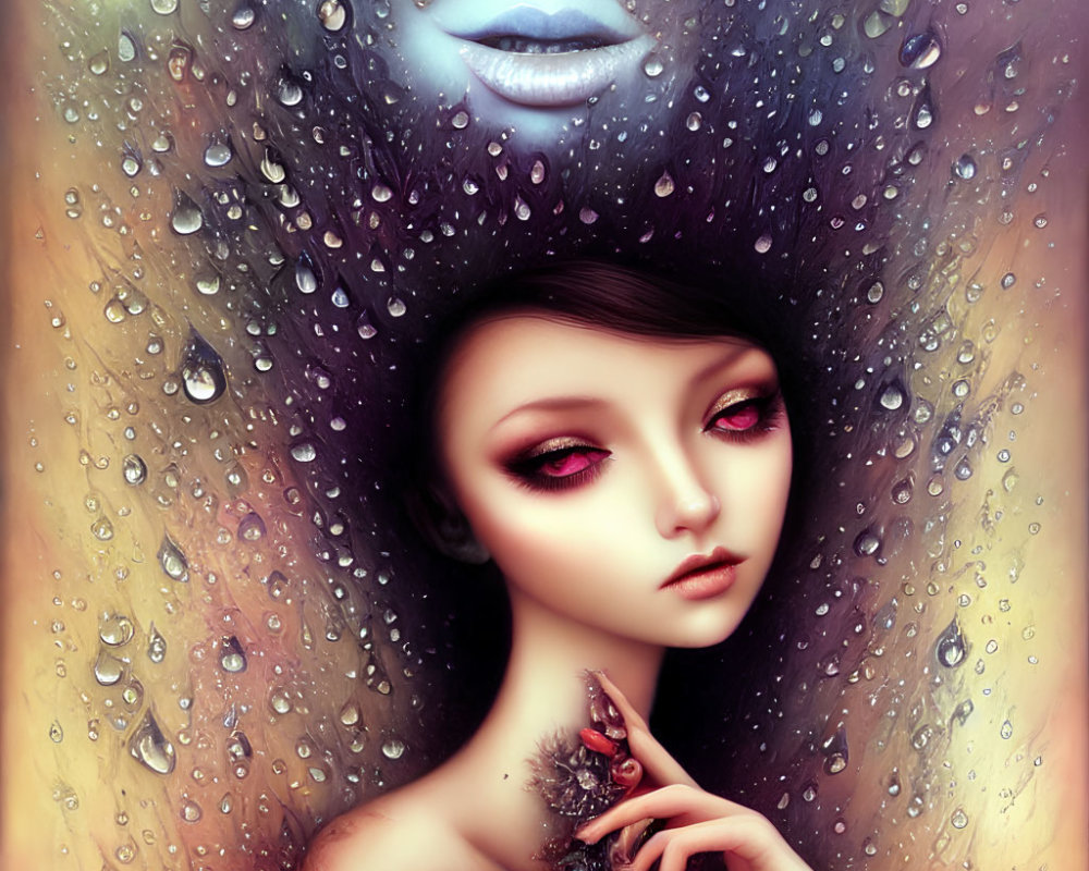 Surreal image of female figure with dark hair covered in dewdrops and ghostly silhouette with blue