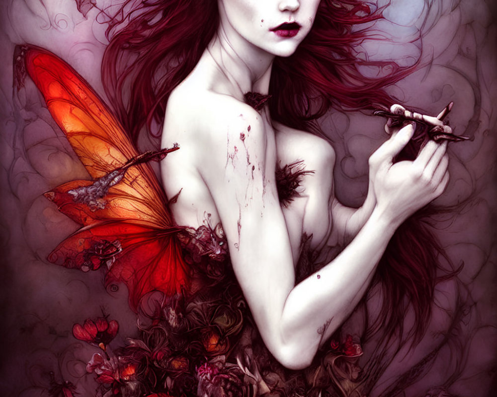 Vibrant red-haired fairy surrounded by roses and butterfly wings.