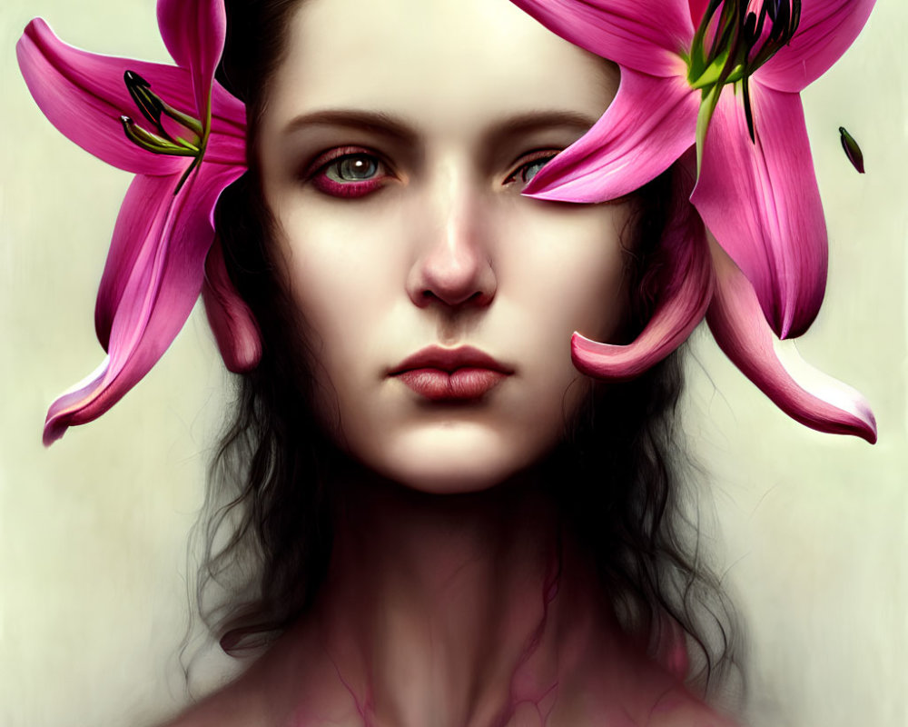 Symmetrical woman portrait with dark hair and pink lilies