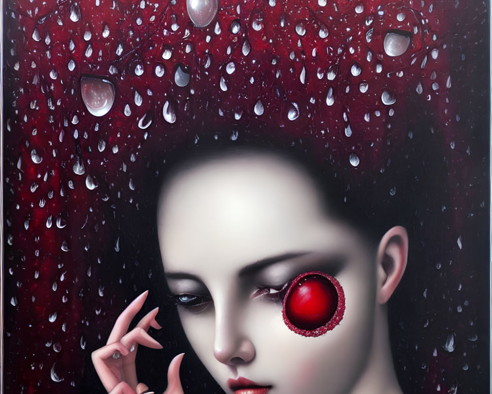 Surreal portrait of female figure with oversized red eye and water droplets on dark red hair