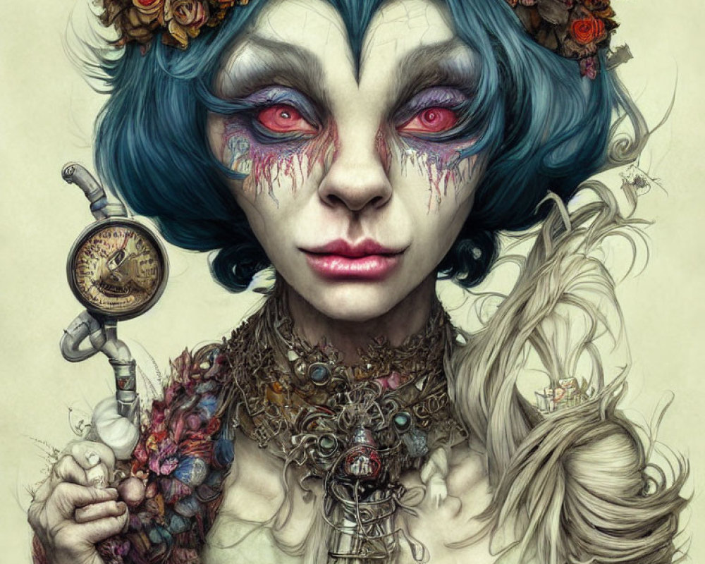 Fantastical female figure with blue hair and floral crown holding a pocket watch