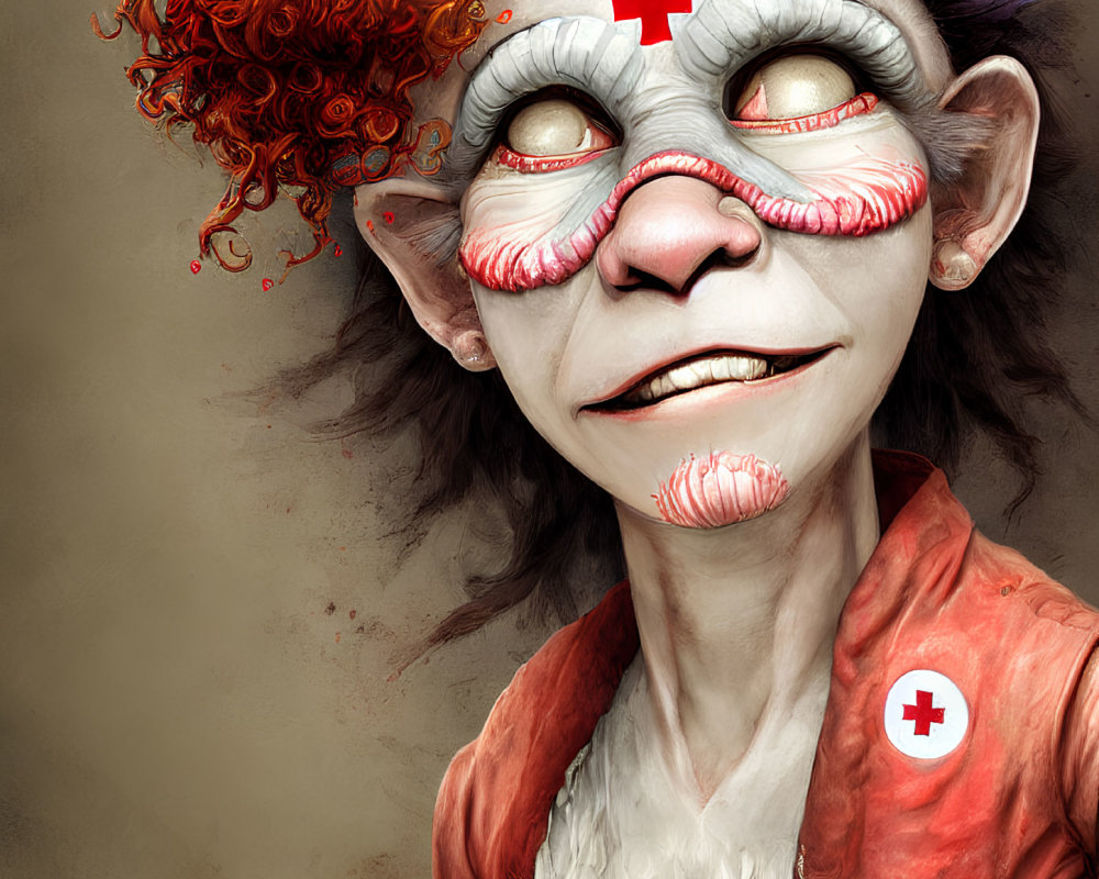 Whimsical creature in nurse-like attire with red curly hair and playful expression