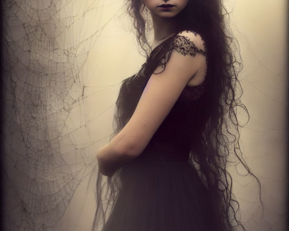 Woman in dark dress against gothic spiderweb background with intense eyes and lace shoulders.