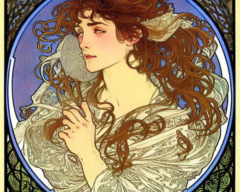 Art Nouveau Style Portrait of Woman with Flowing Hair and Elaborate Dress