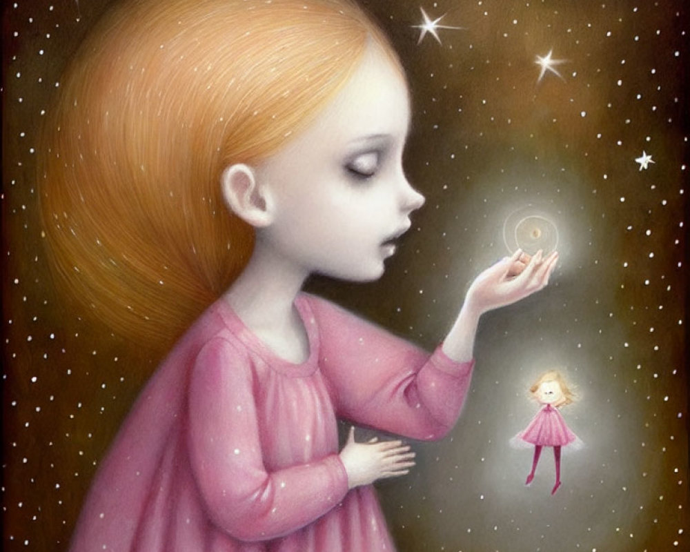 Surreal illustration of girl holding luminous figure in cosmic setting