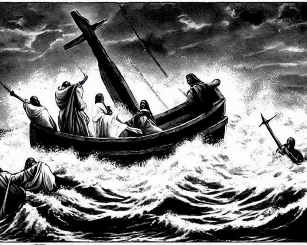 Monochrome illustration of robed figures in boat on tumultuous seas