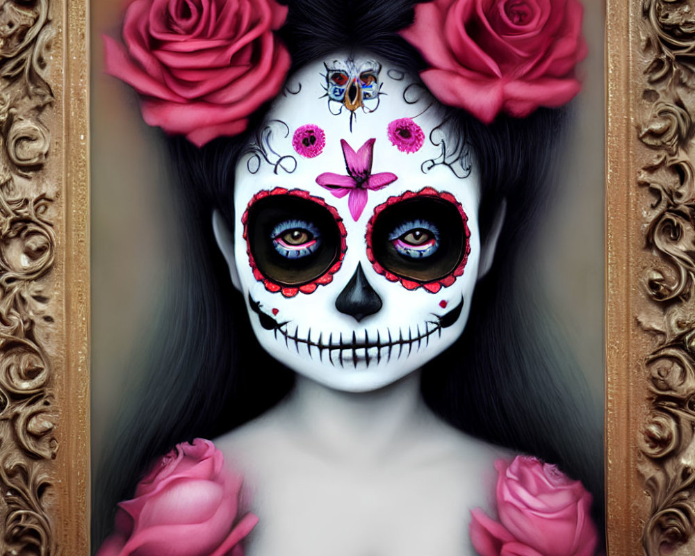 Person with Dia de los Muertos makeup: skull design, red roses, butterfly