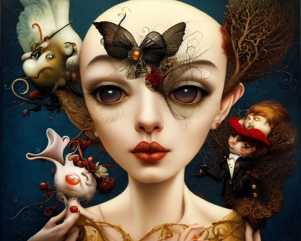 Surreal portrait of pale woman with butterfly, whimsical characters, dark backdrop