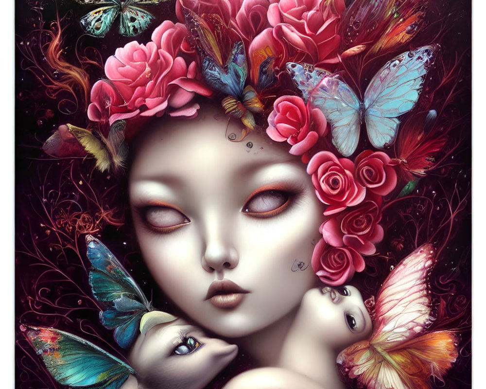 Surreal illustration: Woman's face with closed eyes, pink flowers, butterflies on dark background