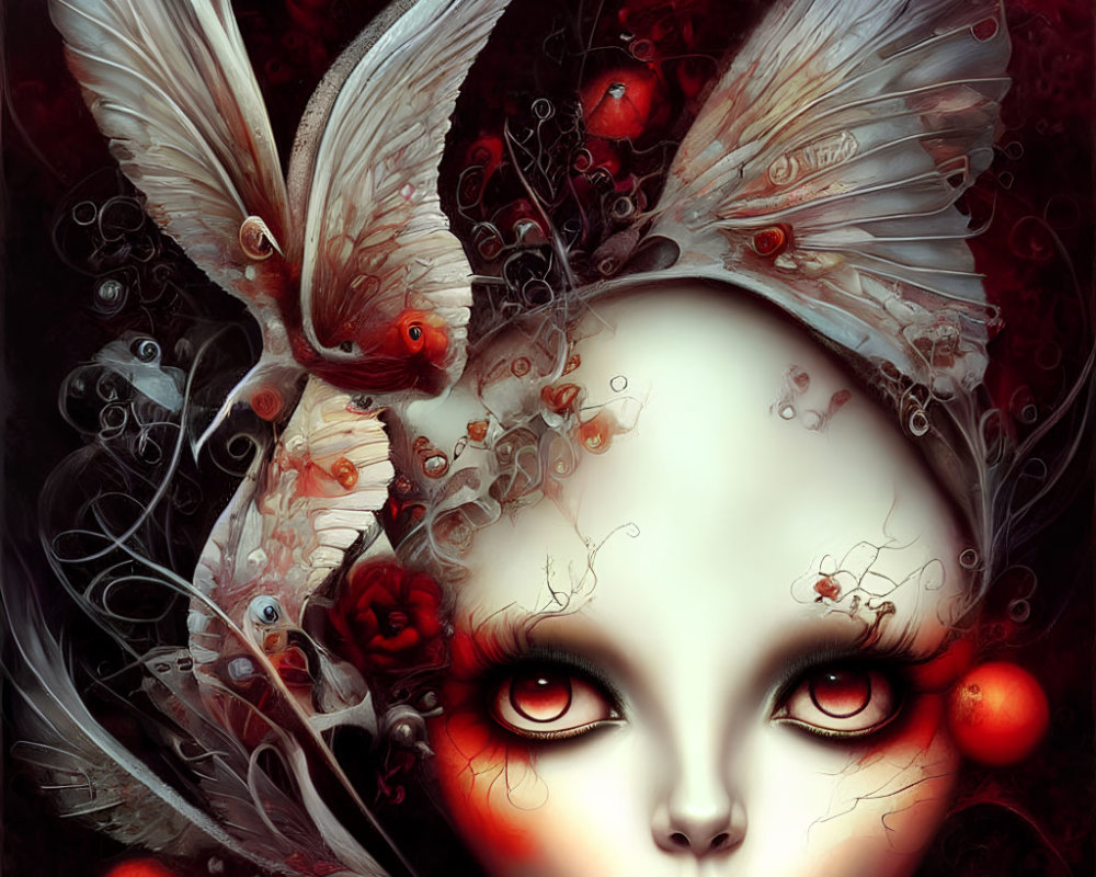 Surreal portrait of pale female figure with red eyes, white birds, red orbs, and floral