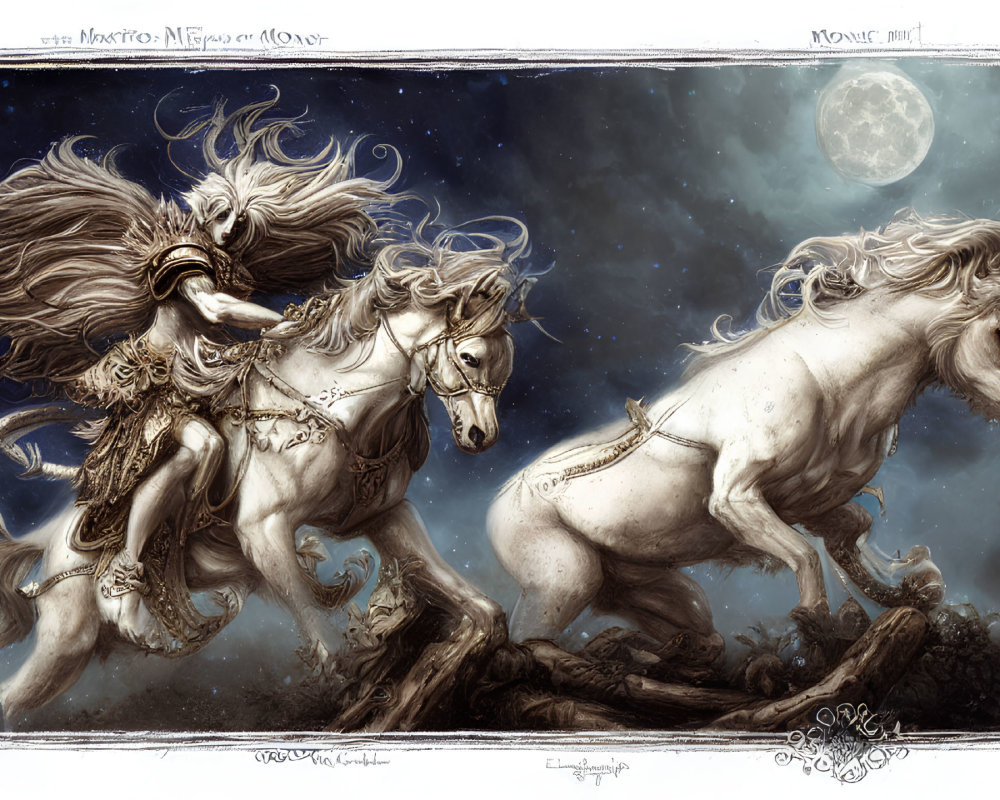 Majestic white horses in ornate harnesses gallop under full moon