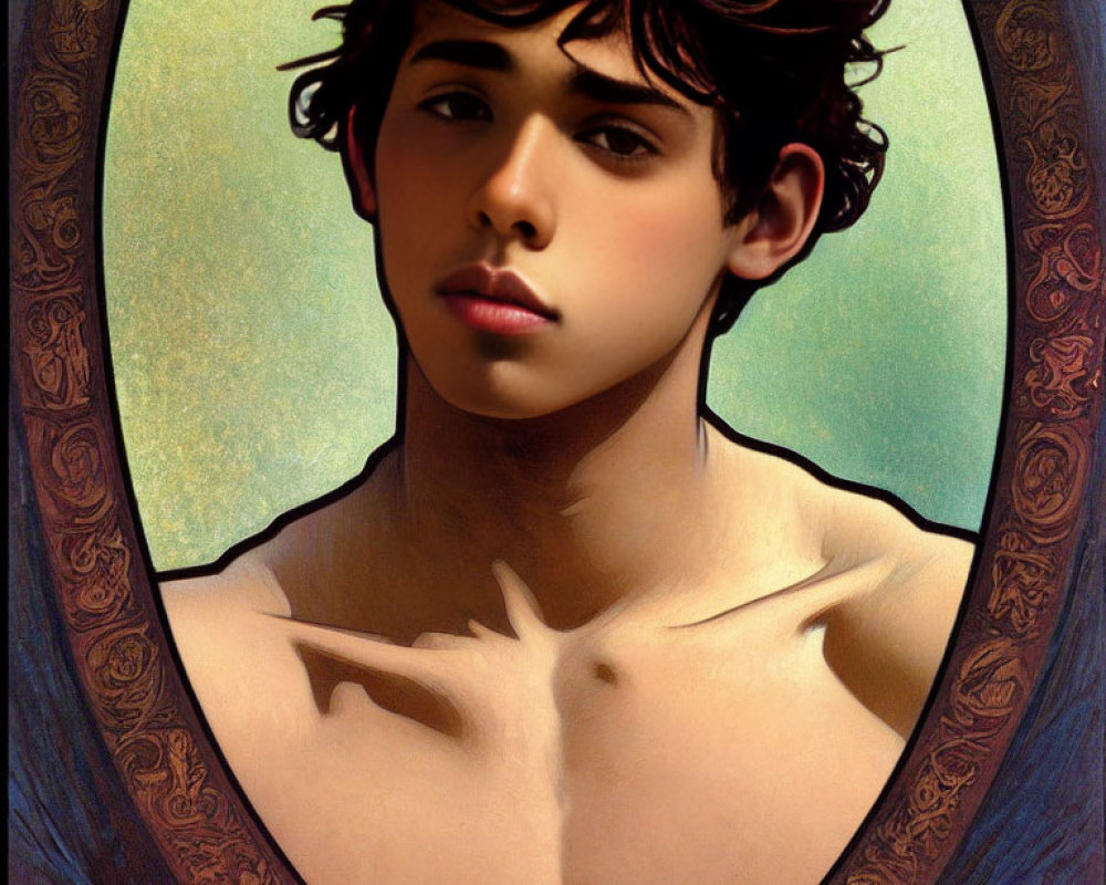 Young male portrait with wavy hair and thoughtful expression in ornate oval frame