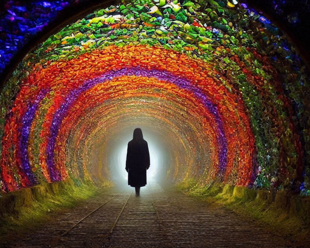 Colorful Tunnel with Foliage Canopy Ceiling and Glowing Exit