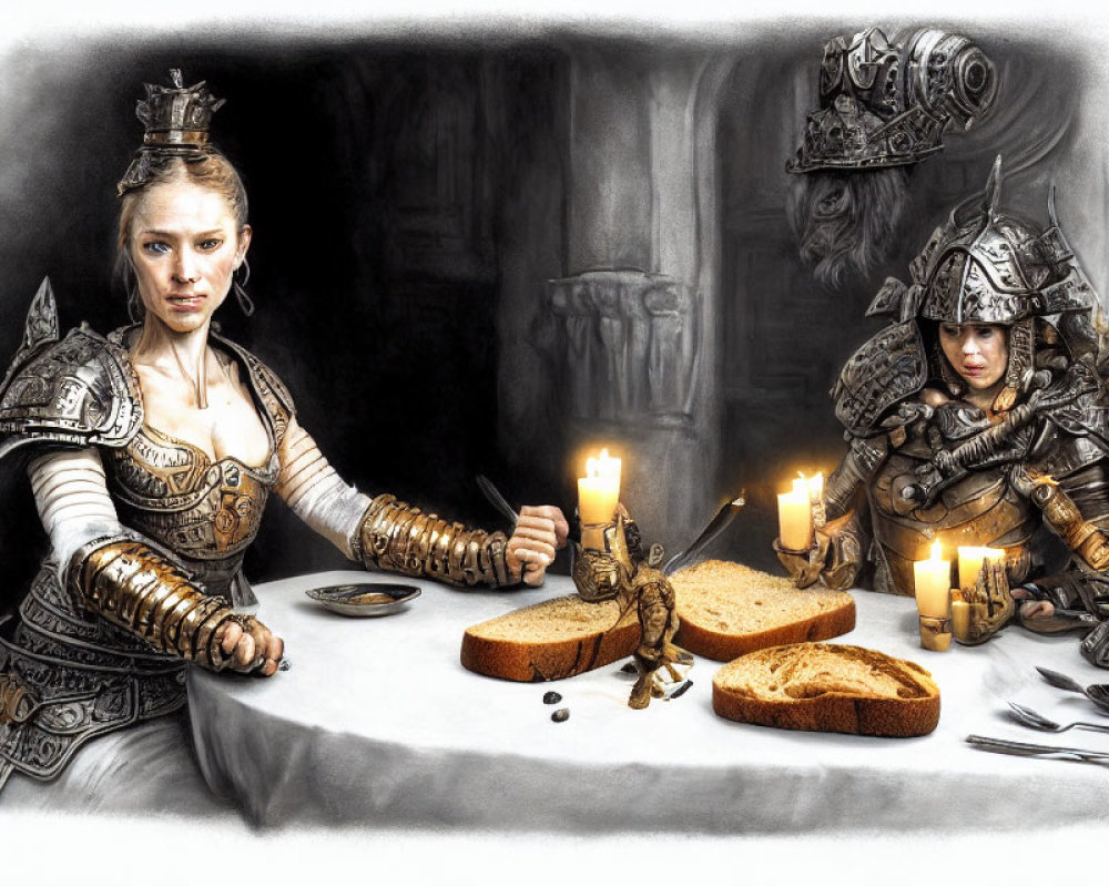 Medieval armored women at banquet table with candles, bread, and chess set