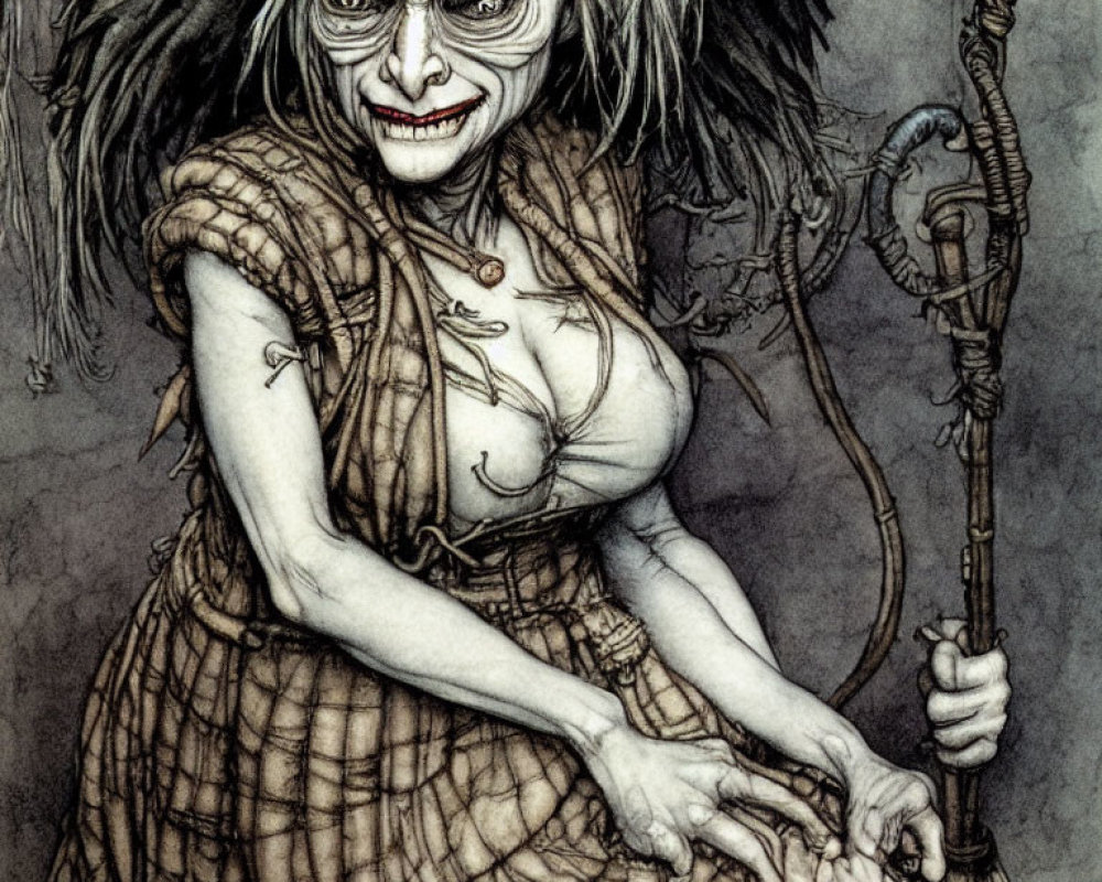 Illustration of Sinister Witch with Sharp Teeth and Staff