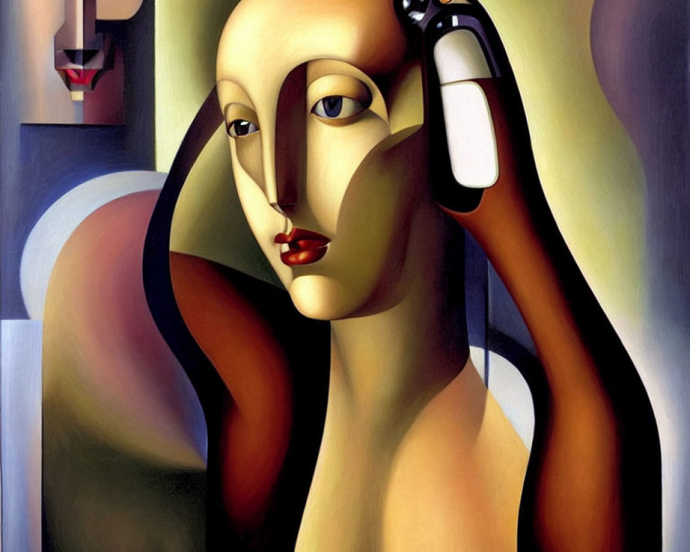 Surrealistic painting of stylized woman with elongated features and cubist influence