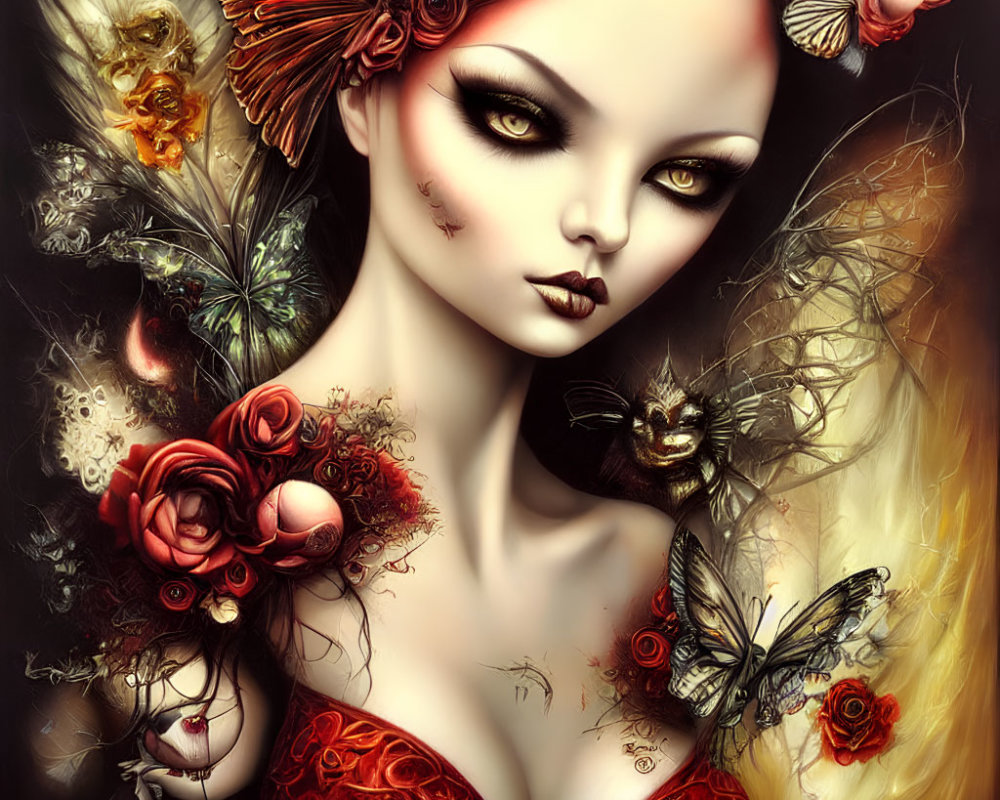 Mystical woman in dark and golden hues with roses, butterflies, and feathers