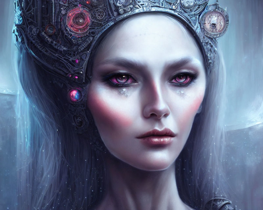 Digital Artwork: Pale-skinned Female with Pink Eyes and Mechanical Crown