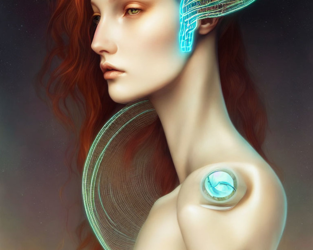 Red-haired woman in futuristic blue headpiece blending organic and cybernetic elements.