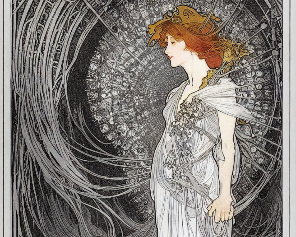 Art Nouveau illustration of woman in ornate white dress surrounded by intricate patterns