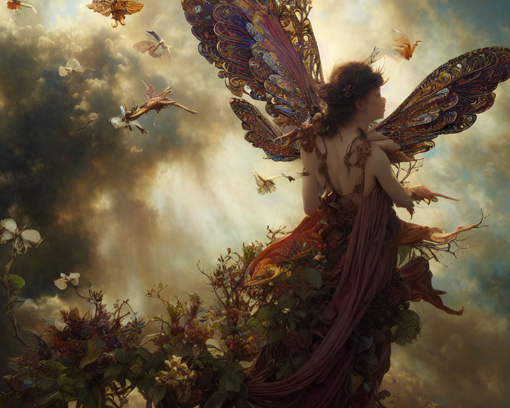 Winged figure surrounded by fairies and flowers under dramatic sky