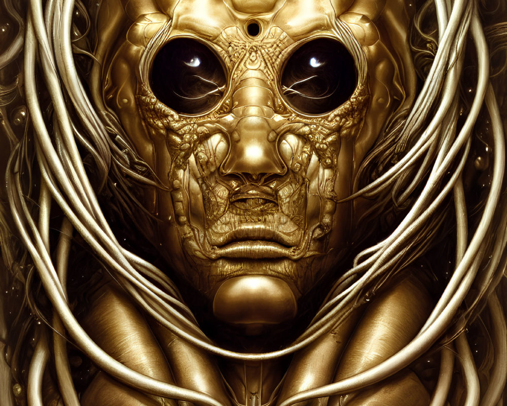 Detailed Golden Robotic Face with Black Eyes and Surrounding Cables