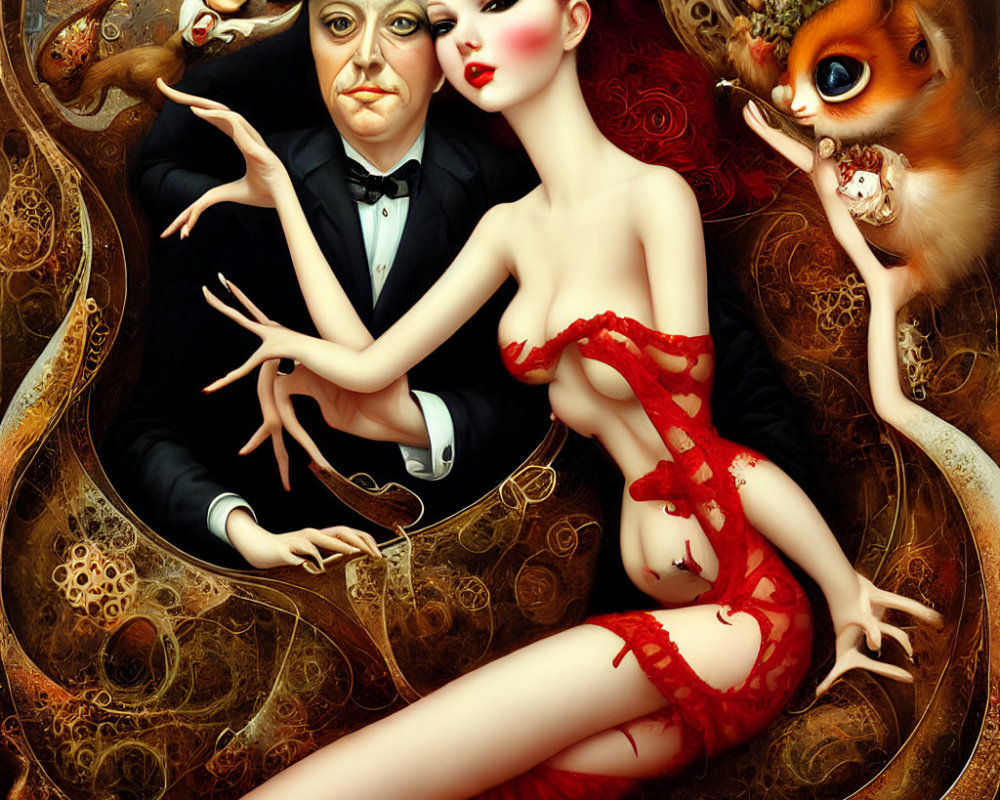 Surreal painting featuring man in top hat, red-haired woman, and whimsical squirrel