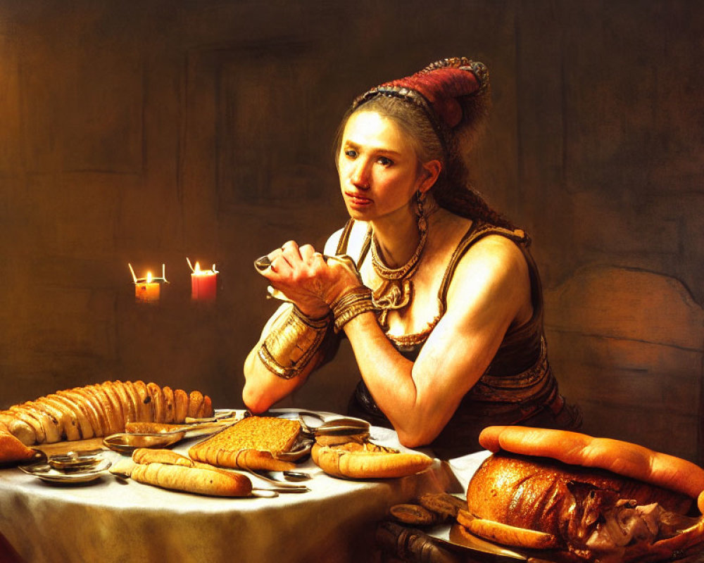 Historically dressed woman at table with bread, meat, and candles.