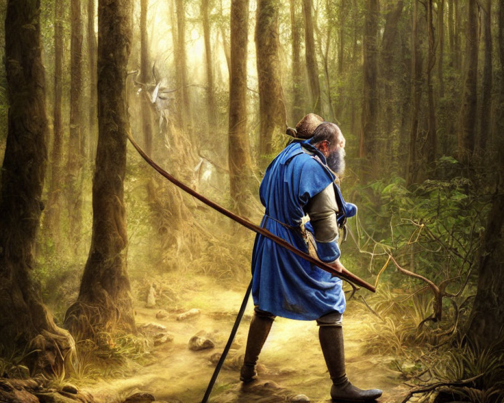 Elderly Bearded Archer in Medieval Attire Walking Through Sunlit Forest