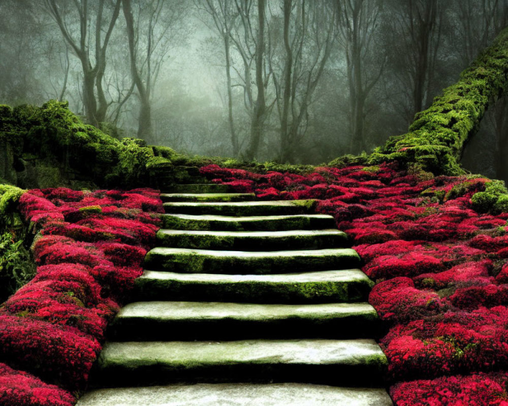 Vibrant red plants on stone steps in misty forest landscape