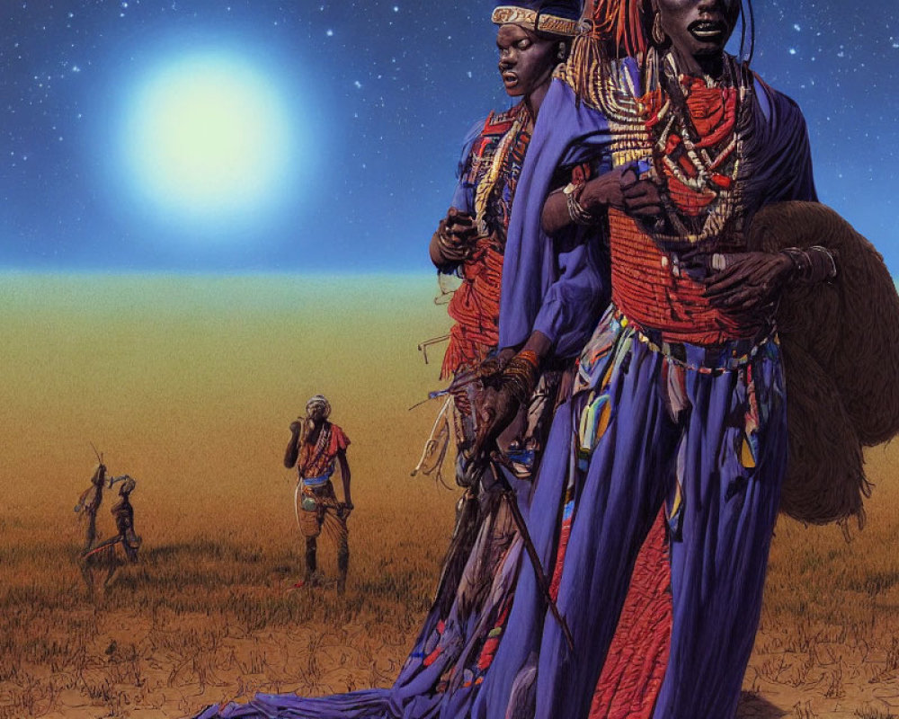 Traditional Maasai tribespeople in savanna landscape with bright celestial object