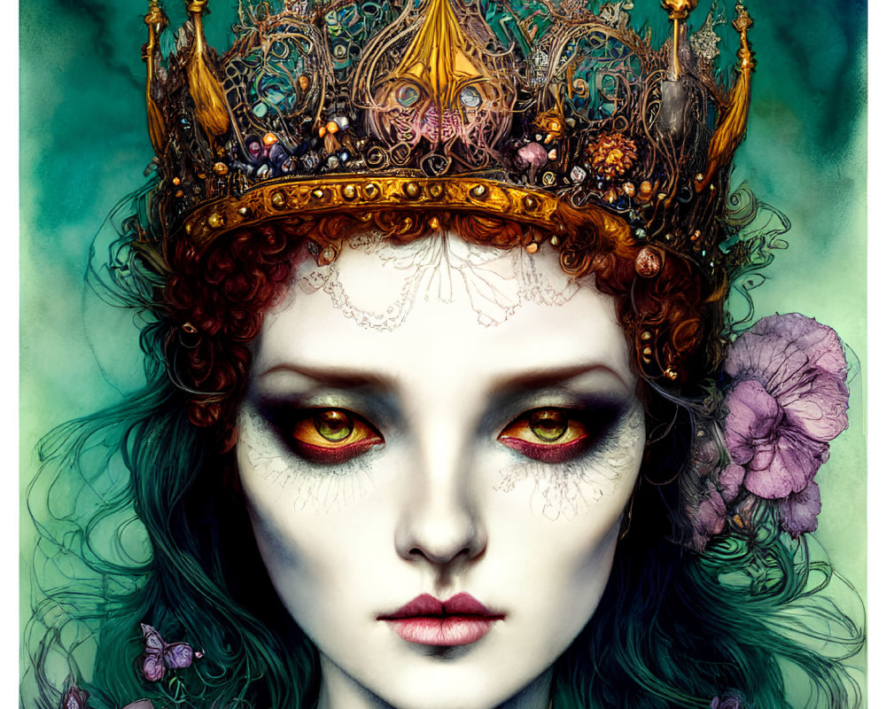 Illustrated female figure with green hair, golden crown, red eyes, and purple flowers.