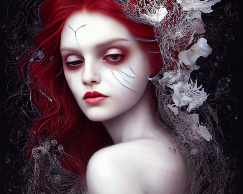 Fantasy portrait of woman with red hair, pale skin, and floral hairpiece