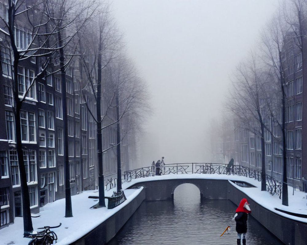 Snowy city canal scene with person shoveling snow, bike on bridge, and figures in fog