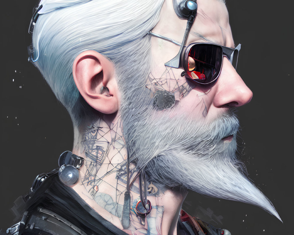 Man with White Hair, Tattoos, Cybernetics & Sunglasses