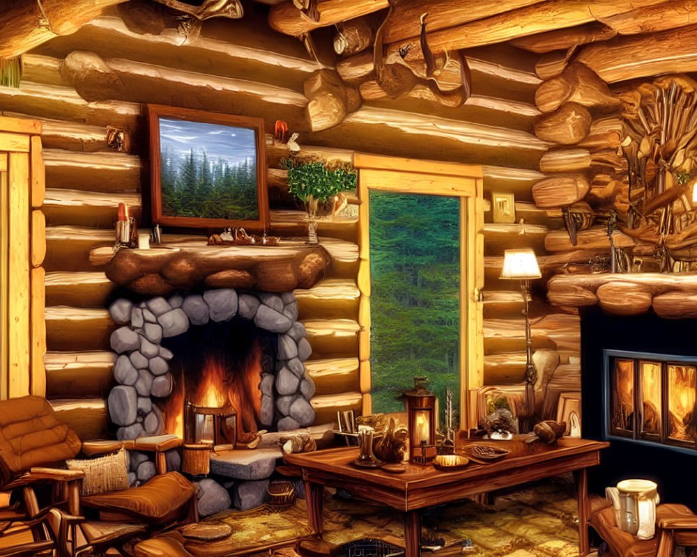 Rustic log cabin interior with fireplace, wooden furniture, forest views