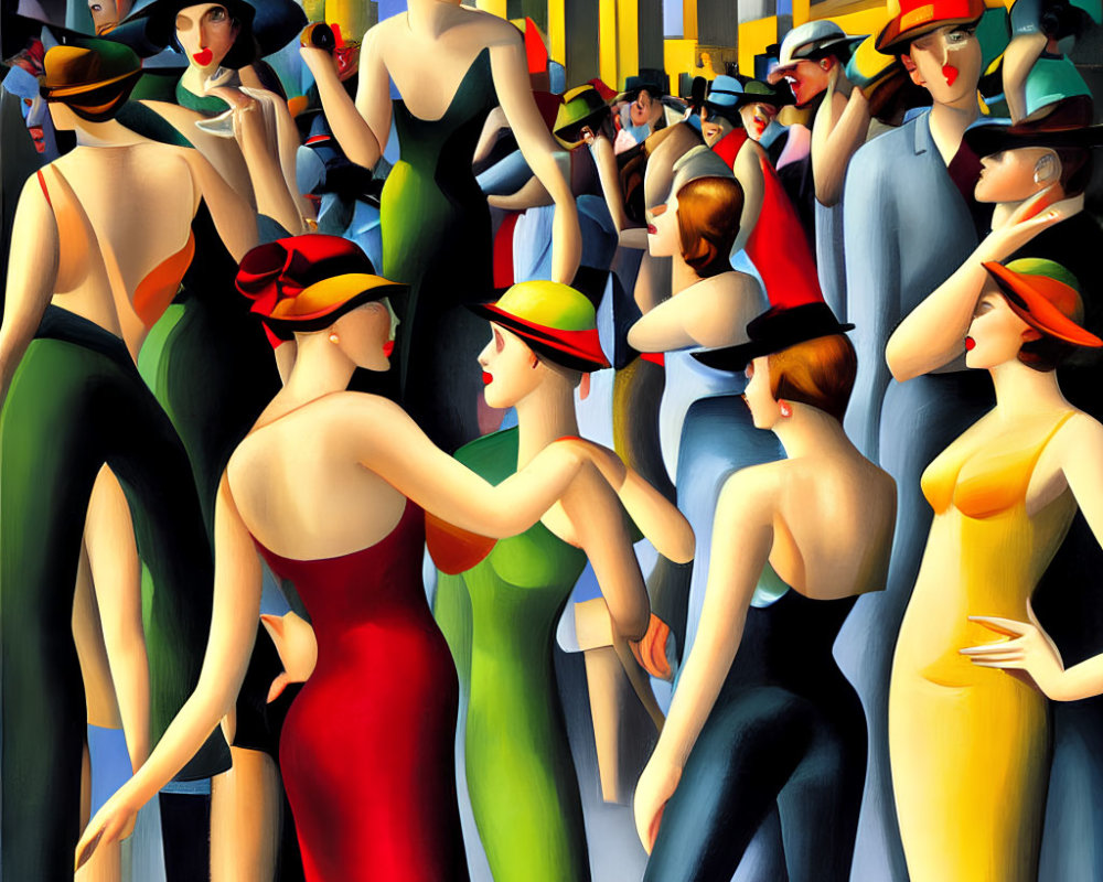 Vibrant painting featuring stylized people in fashionable attire and cityscape.