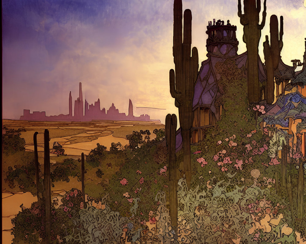 Desert sunset illustration with cacti, house, city skyline, orange and purple sky